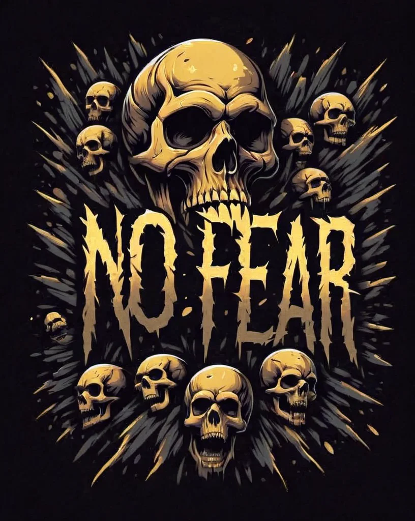 skull t-shirt design, text logo: NO FEAR, flat colors, black background, <lora:Harrlogos_v1.1:1> <lora:last:1>