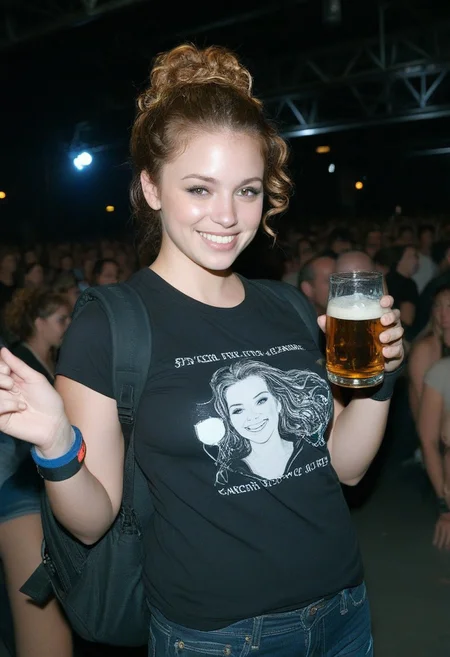 The image is a high-resolution photograph taken in a dimly lit, industrial indoor setting, likely at a concert or music festival, given the atmosphere and the presence of a large crowd in the background. The focal subject is a young woman, likely in her early twenties, standing near the edge of the crowd. She has light skin, long, curly, light brown hair tied up in a messy bun, and a bright, engaging smile on her face. She's holding a tall glass of amber-colored beer in her right hand, positioned in front of her chest. She's wearing a black t-shirt with a graphic print on the front featuring a stylized logo or design, and dark blue jeans. 
Her left arm displays a detailed tattoo on her upper arm, showcasing intricate designs. She's wearing a black backpack, and a wristband on her left wrist, suggesting she might have paid for entry or has a special status. The background shows a bustling crowd of people, most of whom are dressed in casual, dark clothing. The background lighting includes industrial elements, such as large metal beams and structures, and a faint glow from what appears to be stage lighting or spotlights. The atmosphere is lively and slightly chaotic, capturing the essence of a lively, crowded event.