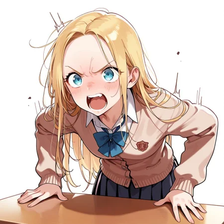 Score_9, Score_8_up, Score_7_up, Score_6_up, Score_5_up, Score_4_up, (masterpiece, best quality:1.2), soft_lighting, soft_skin_tone,
BREAK
1girl, sashachan, blonde hair, long hair, cardigan, school uniform, pleated skirt, hands slam on table, open mouth, shouting, angry,
BREAK
white background, simple background