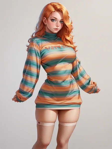 score_9, score_8_up, score_7_up, score_6_up, score_5_up, score_4_up, 1girl, ginger hair, curvy, <lora:plzdXLP2:0.6> plzd, sweater dress, stripes, thighhighs,