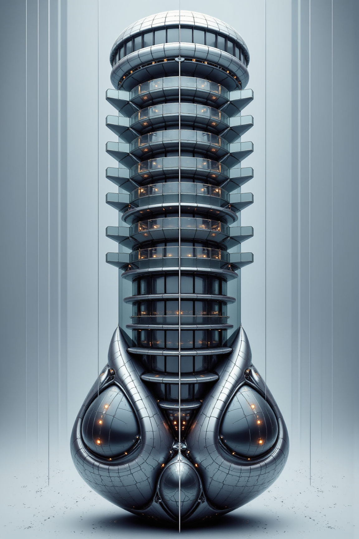 YFG-Ge0m, Sharp photo of a digital illustration of a futuristic building. The building is a tall, cylindrical structure with multiple levels. The top level has a curved roof with multiple windows, while the bottom level has multiple levels with multiple balconies. The balconies are arranged in a grid-like pattern, with each level having a unique design. The building is made up of multiple layers of glass panels, each with a different color and pattern. The glass panels are transparent, allowing the building to be seen from all angles. The panels are connected by thin lines, creating a sense of depth and dimension. The bottom level of the building has a large, angular shape, with a pointed nose and a curved body. The body is made of a shiny, metallic material, and there are several small, circular lights scattered throughout the building, adding a futuristic touch to the design. The background is a grayish-blue color, with streaks of light reflecting off the surface of the floor below. The overall mood of the image is futuristic and futuristic.
