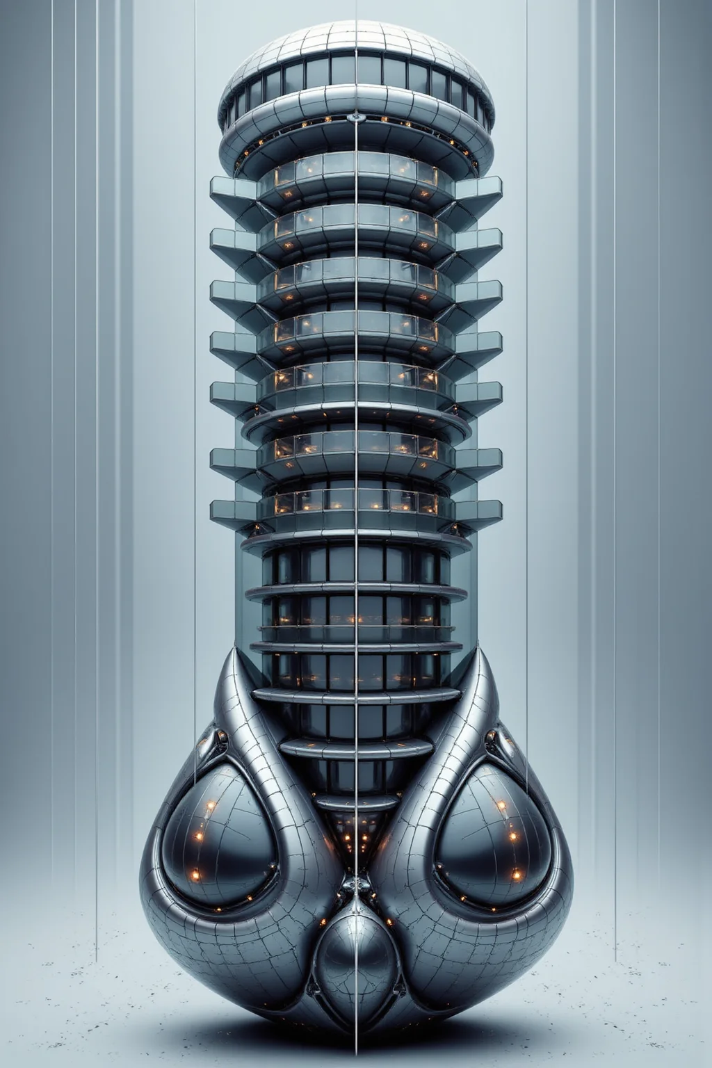 YFG-Ge0m, Sharp photo of a digital illustration of a futuristic building. The building is a tall, cylindrical structure with multiple levels. The top level has a curved roof with multiple windows, while the bottom level has multiple levels with multiple balconies. The balconies are arranged in a grid-like pattern, with each level having a unique design. The building is made up of multiple layers of glass panels, each with a different color and pattern. The glass panels are transparent, allowing the building to be seen from all angles. The panels are connected by thin lines, creating a sense of depth and dimension. The bottom level of the building has a large, angular shape, with a pointed nose and a curved body. The body is made of a shiny, metallic material, and there are several small, circular lights scattered throughout the building, adding a futuristic touch to the design. The background is a grayish-blue color, with streaks of light reflecting off the surface of the floor below. The overall mood of the image is futuristic and futuristic.