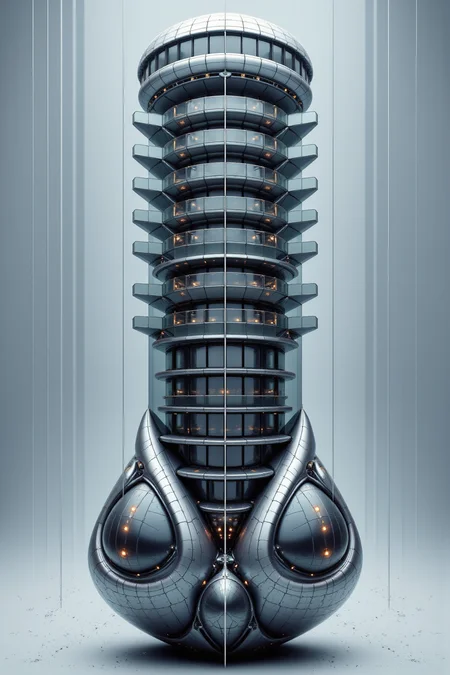 YFG-Ge0m, Sharp photo of a digital illustration of a futuristic building. The building is a tall, cylindrical structure with multiple levels. The top level has a curved roof with multiple windows, while the bottom level has multiple levels with multiple balconies. The balconies are arranged in a grid-like pattern, with each level having a unique design. The building is made up of multiple layers of glass panels, each with a different color and pattern. The glass panels are transparent, allowing the building to be seen from all angles. The panels are connected by thin lines, creating a sense of depth and dimension. The bottom level of the building has a large, angular shape, with a pointed nose and a curved body. The body is made of a shiny, metallic material, and there are several small, circular lights scattered throughout the building, adding a futuristic touch to the design. The background is a grayish-blue color, with streaks of light reflecting off the surface of the floor below. The overall mood of the image is futuristic and futuristic.