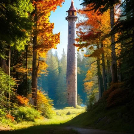 realistic analog photo, award winning photo, vary wide shot of stone witow tower:1.3, no humans, scenery, blue sky, auwo, in a autumn forest, dirt road, lush grassland, Wildflowers, nature, outdoors, RAW, highres, 8k, uhd, High Dynamic Range, tonemapping, crisp details,