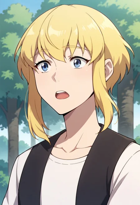 score_9, score_8_up, score_7_up, source_anime,kara zor-el, blonde hair, short hair, blue eyes, solo, tree, open mouth, male focus, outdoors, 1girl, solo, anime coloring, shirt, sidelocks, vest, upper body, day