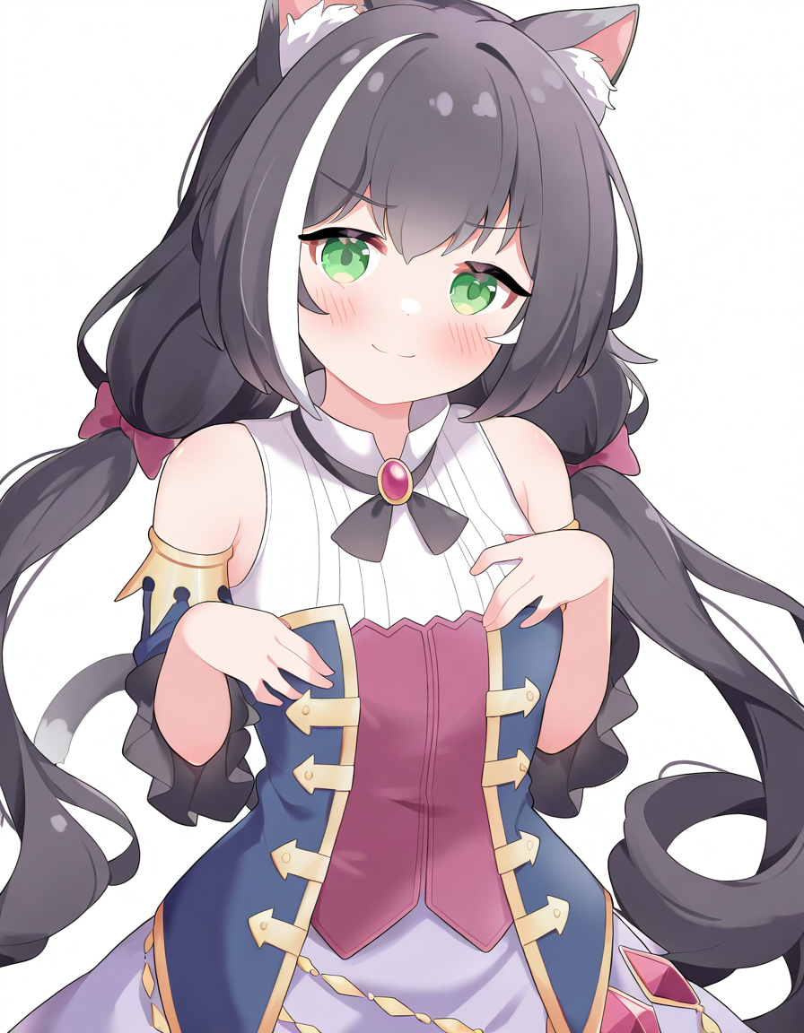 blush,white background,simple background,1girl,solo,looking at viewer,smile,cowboy shot,<lora:luolli:1>,karyl \(princess connect!\),, masterpiece, best quality, very aesthetic, absurdres,newest, incredibly absurdres,