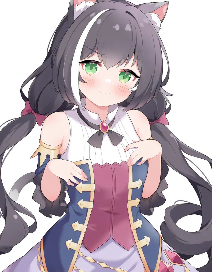blush,white background,simple background,1girl,solo,looking at viewer,smile,cowboy shot,<lora:luolli:1>,karyl \(princess connect!\),, masterpiece, best quality, very aesthetic, absurdres,newest, incredibly absurdres,