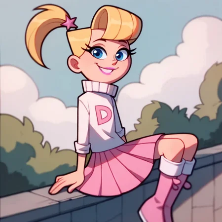 score_9, score_8_up, score_7_up BREAK VeroFOP, 1girl, blonde hair, blue eyes, ponytail, pink hairclip, pink lipstick, long-sleeve white turtleneck sweater with D-logo, pleated pink skirt, pink white boots, smiling at viewer, solo, solo focus, school outdoors, school background,