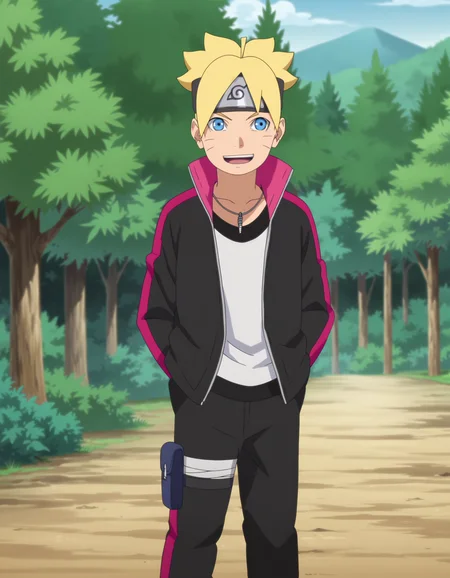 score_9, score_8_up, score_7_up, source_anime,anime screencap,anime coloring,
uncensored,
boruto, 1boy, blonde hair,facial mark,uzumaki boruto,whisker markings, male focus,blue eyes,
jacket,forehead protector,konohagakure symbol,headband,necklace,jewelry,jacket, shirt, black pants, bandages,
looking at viewer,smile, open mouth, smile,
standing, solo focus,
perfect anatomy,
scenery,outdoors,forest,
<lora:Boruto_Uzumaki_r1:1>