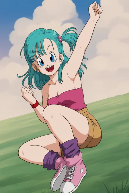 source_anime, score_9, score_8_up, score_7_up, anime screencap, 
bulma \(dragonball\), 1girl, solo, breasts, looking at viewer, smile, open mouth, blue eyes, wristwatch, field, outstretched hand, leg up, pink tube top, hair ornament, cleavage, bare shoulders, sitting, full body, outdoors, sky, shoes, shorts, outstretched arm, day, socks, cloud, blue sky, strapless, aqua hair, one side up, cloudy sky, grass, hair bobbles, wristband, sneakers, pink footwear, brown shorts, purple socks, arm up, collarbone, eyebrows, eyelashes, jumping, fingernails, medium hair, looking to the side, clenched hand, raised eyebrows, midair, tongue, teeth
 <lora:bulma_pony_v1:0.8>