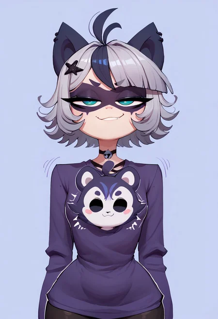 score_9, score_8_up, score_7_up, 4nd43rz, Expressiveh, 
1girl, , 18 years old, young, long grey hair,  snuffydark, 
bratty bratty expression, smirk,
wide hips, motion lines,
simple background,