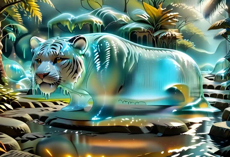 animal_guardian, tiger, a white tiger with black stripes, Tiger made out of slime, slime tiger in a jungle, jungle made out of slime,
natural light, no bright spots,
((translucent slime)), ((transparent slime)), made of water, (bioluminescent slime), sl1m3, slime, slime-morph, ais-blmn, saturated colors, no creatures, no humans, no monsters, no pokemon, scenery only, scenery, ral-lava, watce