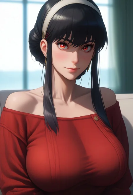 score_9, score_8_up, score_7_up, source_ANIME,
1girl, solo, detailed eyes,
ceii yyorr, sidelocks, (twin sidelocks), red eyes, black hair, bangs,white hairband, pale skin, thick sidelocks, long sidelocks, (huge saggy breasts:1.3),
red sweater, off shoulder, off-shoulder sweater, long sleeves,looking at viewer,
portrait, (close up), on couch, sitting, window, mint curtains, (white couch),
blurry background, simple background,
<lora:yor01Lora05-000017:0.9>
