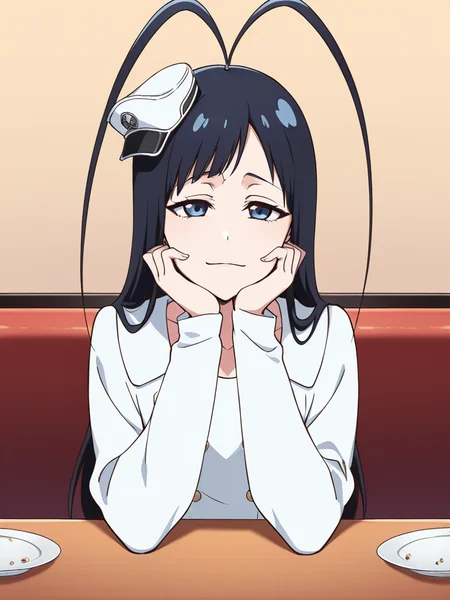 score_9, score_8_up, score_7_up,  
1boy, androgynous, giselle gewelle, blue eyes, black hair, long hiar, antenna hair,

mini hat,
military uniform, white dress, long sleeves, collarbone, short dress, double breasted, 

pov, pov across table, upper body, across table, sitting, restaurant, looking at viewer, narrowed eyes, smile, closed mouth, head rest, hands on own cheeks,


