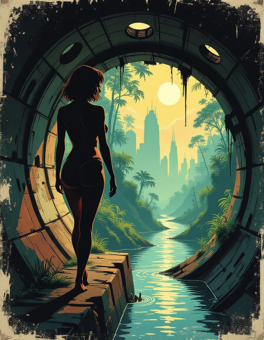 This illustration showcases the silhouette of a nude woman with shorter brown hair and large breasts with large nipples. She is tall and has a slender figure with wide hips. She has a beautiful face with a soft smile. She is walking along the ledge of a broken sewer tunnel. On the right is the woman in an elevated position. On the right is water canal. There are holes in the ceiling, letting in warm sun rays. In the background is a misty forest with lush green vegetation and beautiful trees. The setting is in an post-apocalyptic world with distant ruins of a futuristic city that is now overgrown and decayed. The artwork is covered in film grain and grunge. The artstyle is simple with flat colors and fine lines with minimal details. The view is from a low angle point.