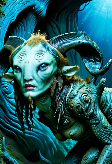 Pans Labyrinth style beautiful fluffy animal alien, ultra high res, food, analog, fine art, animal ears, bioluminescence, cover art, majestic, 8k uhd, cinematic, great art, midnight, dark theme, UHD, disturbing, subsurface scattering, abstract, mountain, mask, unsettling