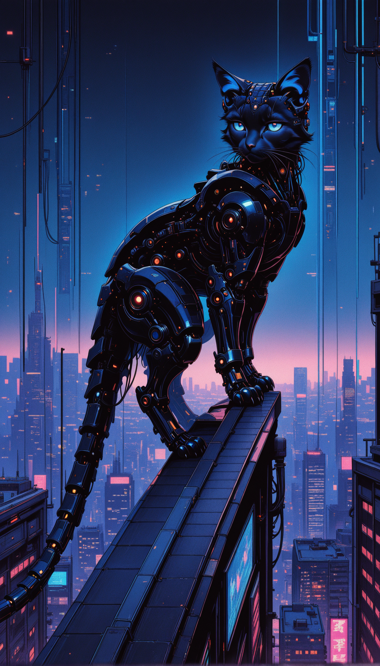 mechanical cat, glossy black exoskeleton, neon blue circuit lines, perched on rooftop, cyberpunk city, futuristic skyline, nightscape, moody lighting masterpiece, best quality, amazing quality, very aesthetic, absurdres, detailed eyes, newest, <lora:PinkieRetroCybercoreIL:1>, pinkretrocybercore, retro, animal focus