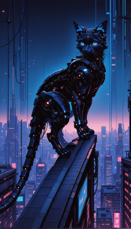 mechanical cat, glossy black exoskeleton, neon blue circuit lines, perched on rooftop, cyberpunk city, futuristic skyline, nightscape, moody lighting masterpiece, best quality, amazing quality, very aesthetic, absurdres, detailed eyes, newest, <lora:PinkieRetroCybercoreIL:1>, pinkretrocybercore, retro, animal focus