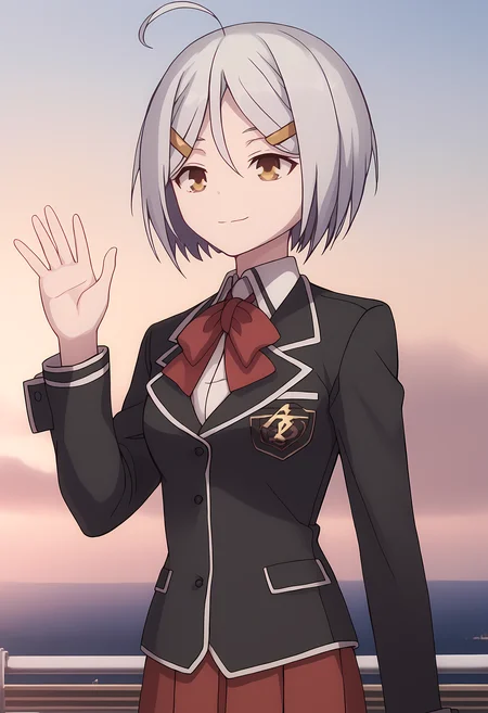 score_9, score_8_up, score_7_up,closed mouth, shiny skin, light smile,ohwx, 1girl, short_hair, solo, grey_hair, ahoge, brown_eyes, hair_ornament, hairclip, yellow_eyes, hair_between_eyes, solo_focus,school_uniform, serafuku, skirt, jacket, blazer, shirt, long_sleeves, ribbon, bow, Standing with one hand waving, observatory rooftop lounge,<lora:hijiri_kasuga_pony_sobsynapse-000010:1>