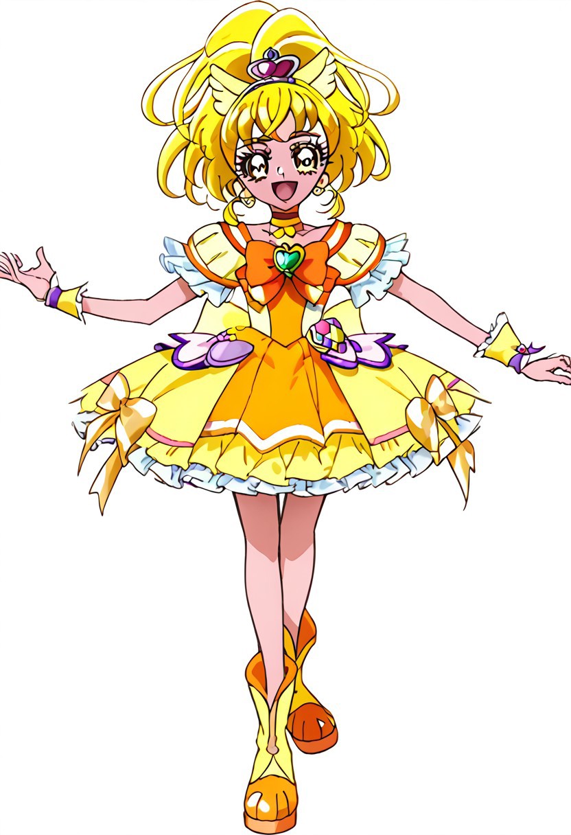 pretty cure, Check Images/Description, style eyes, nose, characters, eyes character, precure face character, 1girl, solo, hair flaps, yellow bow, yellow skirt, skirt, blonde hair, bow, magical girl, choker, bike shorts under skirt, yellow eyes, bike shorts, short hair, shorts, smile, boots, full body, yellow shorts, yellow theme, wrist cuffs, open mouth, wide ponytail, jewelry, eyelashes, ponytail, hair ornament, blush, yellow choker, earrings, shorts under skirt, bowtie, :d, tiara, ribbon, hairpin, standing, looking at viewer, happy, white background, orange bow, puffy sleeves, orange choker, dress, shoes, yellow bowtie, frills, official style, orange bowtie,