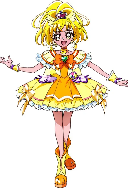 pretty cure, Check Images/Description, style eyes, nose, characters, eyes character, precure face character, 1girl, solo, hair flaps, yellow bow, yellow skirt, skirt, blonde hair, bow, magical girl, choker, bike shorts under skirt, yellow eyes, bike shorts, short hair, shorts, smile, boots, full body, yellow shorts, yellow theme, wrist cuffs, open mouth, wide ponytail, jewelry, eyelashes, ponytail, hair ornament, blush, yellow choker, earrings, shorts under skirt, bowtie, :d, tiara, ribbon, hairpin, standing, looking at viewer, happy, white background, orange bow, puffy sleeves, orange choker, dress, shoes, yellow bowtie, frills, official style, orange bowtie,
