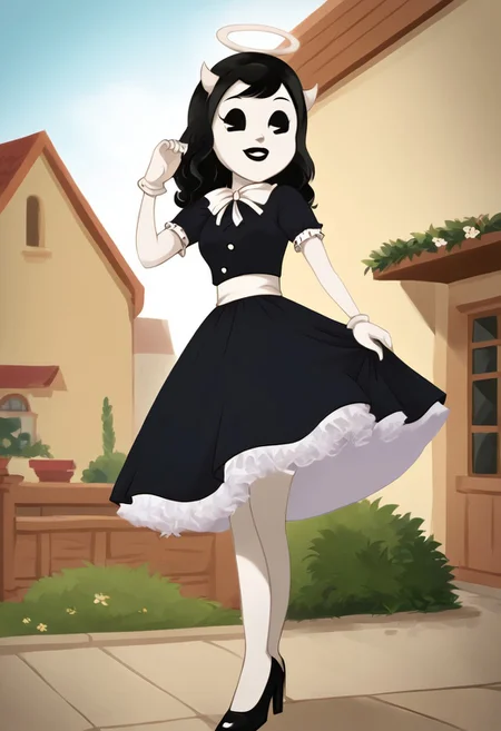 (Masterpiece, best quality:1.2), score_9, score_8_up, flat color, flat shading, soft shading, lighting, Alice Angel in a 1950's dress with a button down top, a fluffy frilly ruffled full petticoat, and high heels, dress, layered petticoat, frilly petticoat, fluffy petticoat, full petticoat, wide dress, flowing dress, solid colored skirt, short sleeves, black hair, Bendy and The Ink Machine, series accurate, cute, best high quality, high res, black lips, white colored skin, whole body shot, 1girl, solo, outside, standing straight, in a garden, cute, adorable, smile, low angle upskirt shot, cartoon, cartoon style, vector, solo, circle dress, 1950s, alice angel