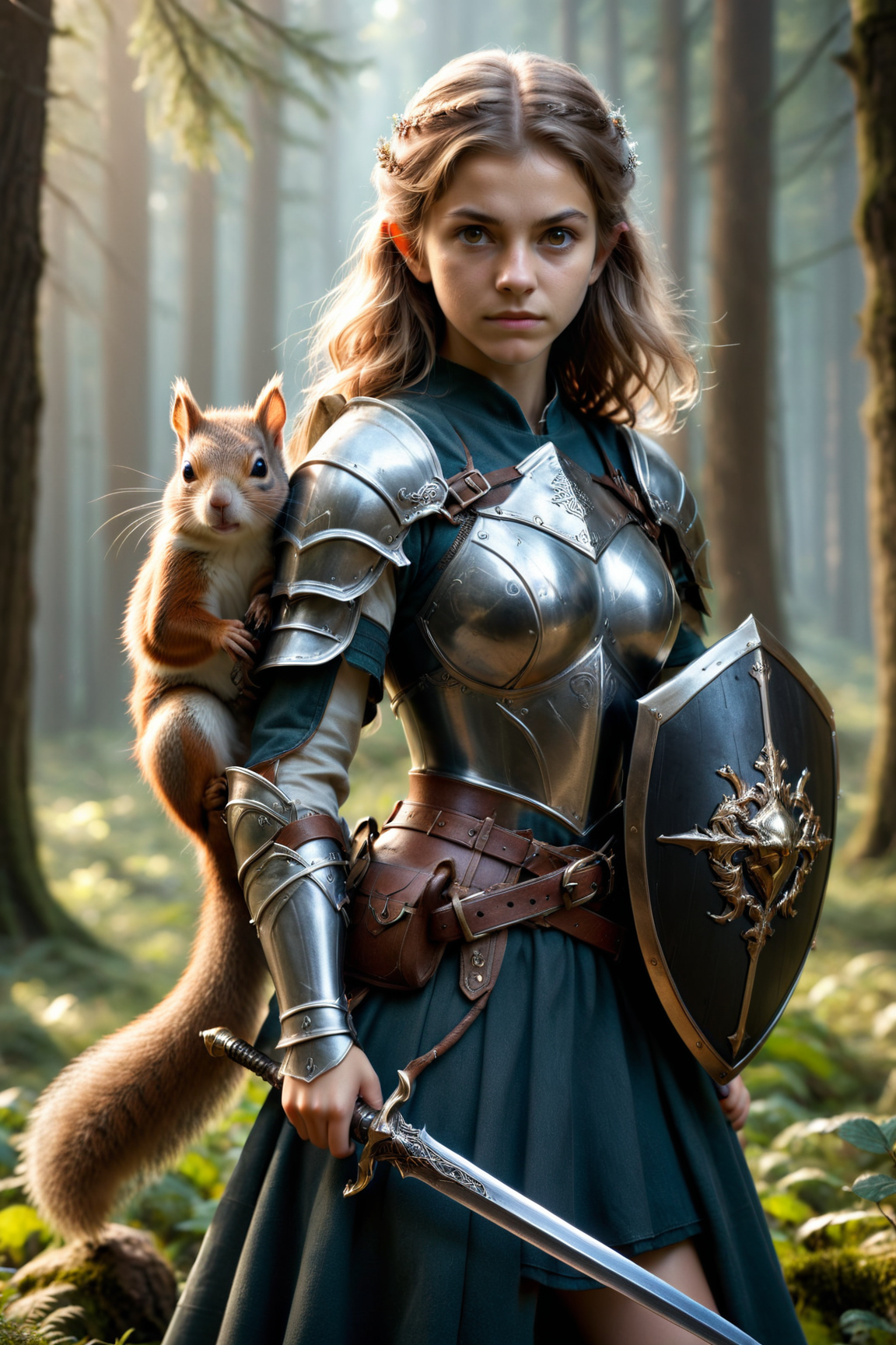 by (((Mandy Jurgens) and Artur Nikodem) and Nathan Wirth) and Octavio Ocampo, character, sword and shield <lora:sword_and_shield:0.45>, full body length, cinematic , hyperdetailed photography, , shallow depth of field,,   cute 18 year old woman and her pet squirrel    <lora:more_art:0.30><lora:clothing_slider:2.00><lora:great_lighting:1.30><lora:aesthetic:1.15><lora:photorealistic_portrait:1.25><lora:RMSDXL_Enhance:0.45><lora:RMSDXL_Creative:0.35><lora:RMSDXL_Photo:0.45><lora:RMSDXL_Darkness_Cinema:0.50><lora:XDetail_heavy:0.45><lora:perfect_eyes:0.15><lora:perfect_hands:0.15><lora:midjourney:-0.15><lora:looking_at_viewer:0.75><lora:dpo:0.25>
