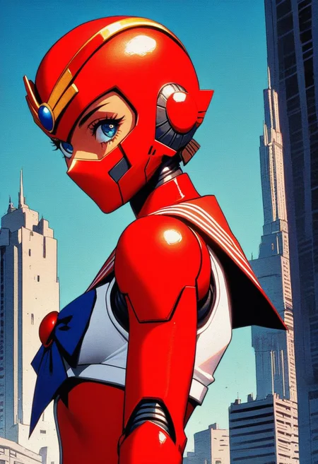 score_9, knva, halftone effect, 1girl, Iron Man, red, gold, (robot), gold and red mask, gold and red helmet, metal skin, (metal body), gold body, robot body, robot face, magical girl, magical girl costume, source_anime, city, posing, sailor scout uniform, sailor senshi uniform, 2d,