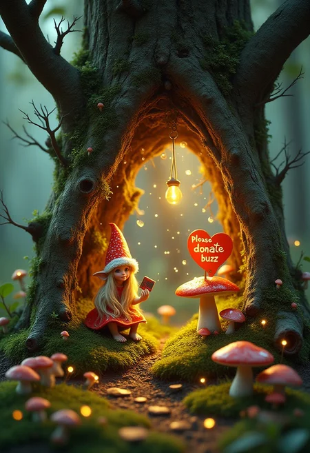 Hidden world inside of a hollow tree, a tiny fairy elf with long blonde hair sits on a mushroom outside, holding a sign with text "Please donate buzz" with a red heart, miniature creatures sit around her, glowing flora and fauna, dynamic lighting, ultra HD