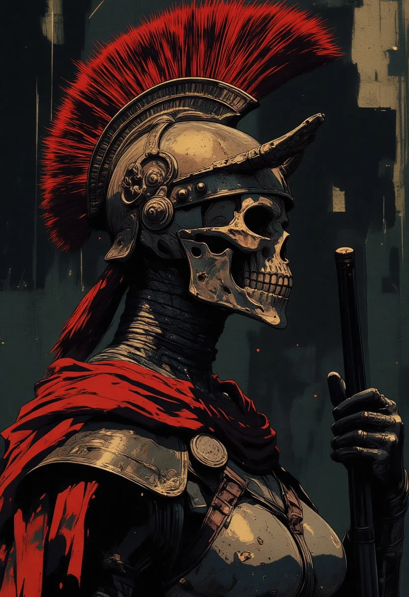 Female Roman soldier, skull face mask, in profile, wearing traditional armor, battle damaged armor, breasts, breast plate, dark and moody background, adds a dramatic tone, subtle lighting reflections, ray traced, foreshortening, Holding a sword,
