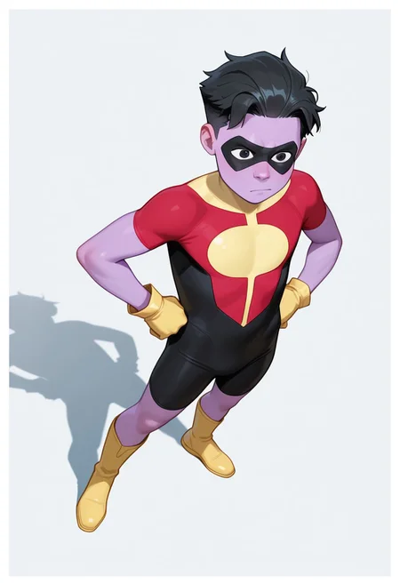 1boy, male focus, cute boy, rOliver_Grayson, Purple Skin, Colored Skin, Black Hair, Black Eyes, Domino Mask, Superhero Costume, Yellow Gloves, Yellow Boots, levitating, hans on hip, simple background, graphic border, cinematic, intricately detailed illustration, depth of field, masterpiece, best quality, amazing quality, very aesthetic, absurdres, newest, very awa, shadow, dynamic angle, casual cosplay, dynamic pose, action pose