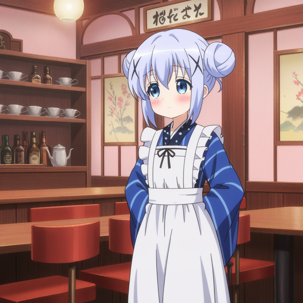 nsfw, masterpiece, best quality, amazing quality, 1girl, solo, is_the_order_a_rabbit_chino_kafu, standing, arms behind back, double bun, japanese clothes, blue eyes, blue hair, blue striped kimono, x hair ornament, closed mouth, indoors, sleeves past wrists, blush,  bangs, long wide sleeves, white frilled apron, vertical stripes, hair between eyes, restaurant,<lora:Chino_Kafu_-_Is_the_Order_a_Rabbit:0.7>