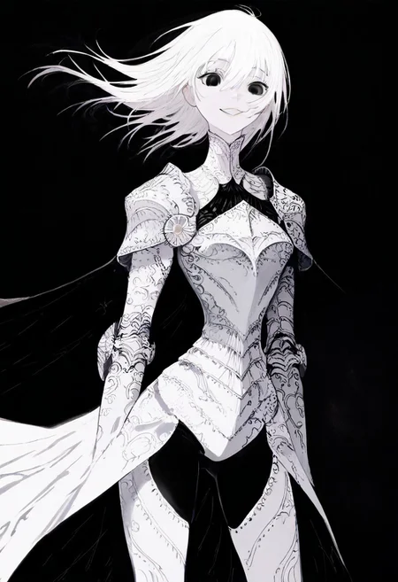 solo, looking at viewer, black eyes, black background, 1girl, long white hair, extremely pale skin, smiling, white and black armor, masterpiece,best quality,very aesthetic,absurdres
<lora:monfornoob:0.95>