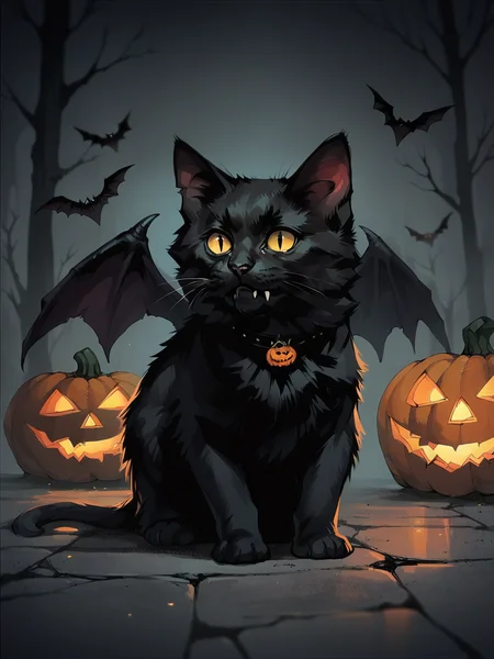 score_9, score_8_up, score_7_up, score_6_up, score_5_up, <lora:catbatXLP:1> catbat, no humans, animal focus, black cat, bat wings, pumpkin,