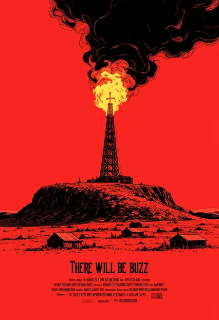 Inkpunk Anime, inksketch movie poster in red and black, for the film ‘There Will Be Blood’. An image of an oil derrick on fire circa 1911, on the crest of a hill, the way the light hits the flaming derrick gives it a crucifix-like appearance, a scattering of ramshackle tents along the field under the hill, canyon, thick black smoke billowing into the sky. Along the bottom of the image in the font from the original film display the text: “There Will Be Buzz”