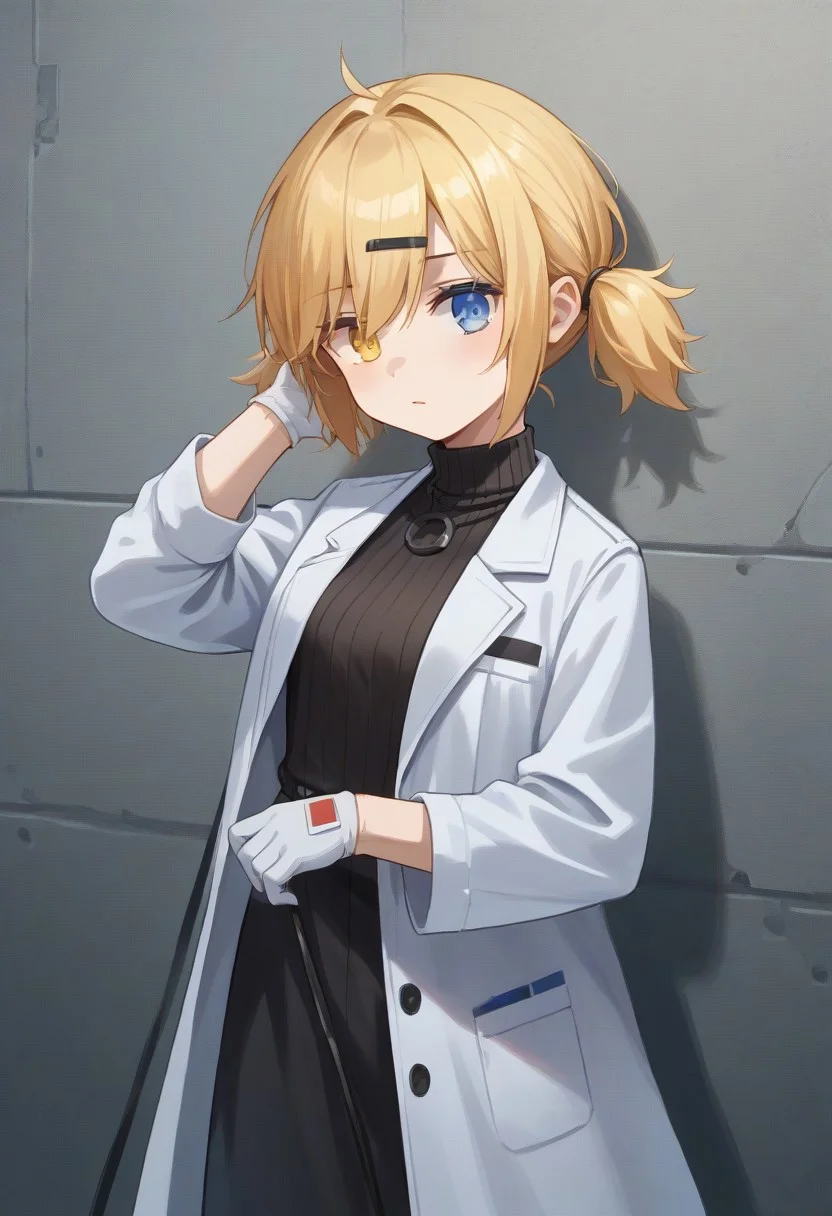 score_9, score_8_up, score_7_up, source_anime, BREAK
standing, blonde hair, heterochromia, blue eyes, yellow eyes, rise, short hair, short twintails, black turtleneck, white coat, lab coat, gloves