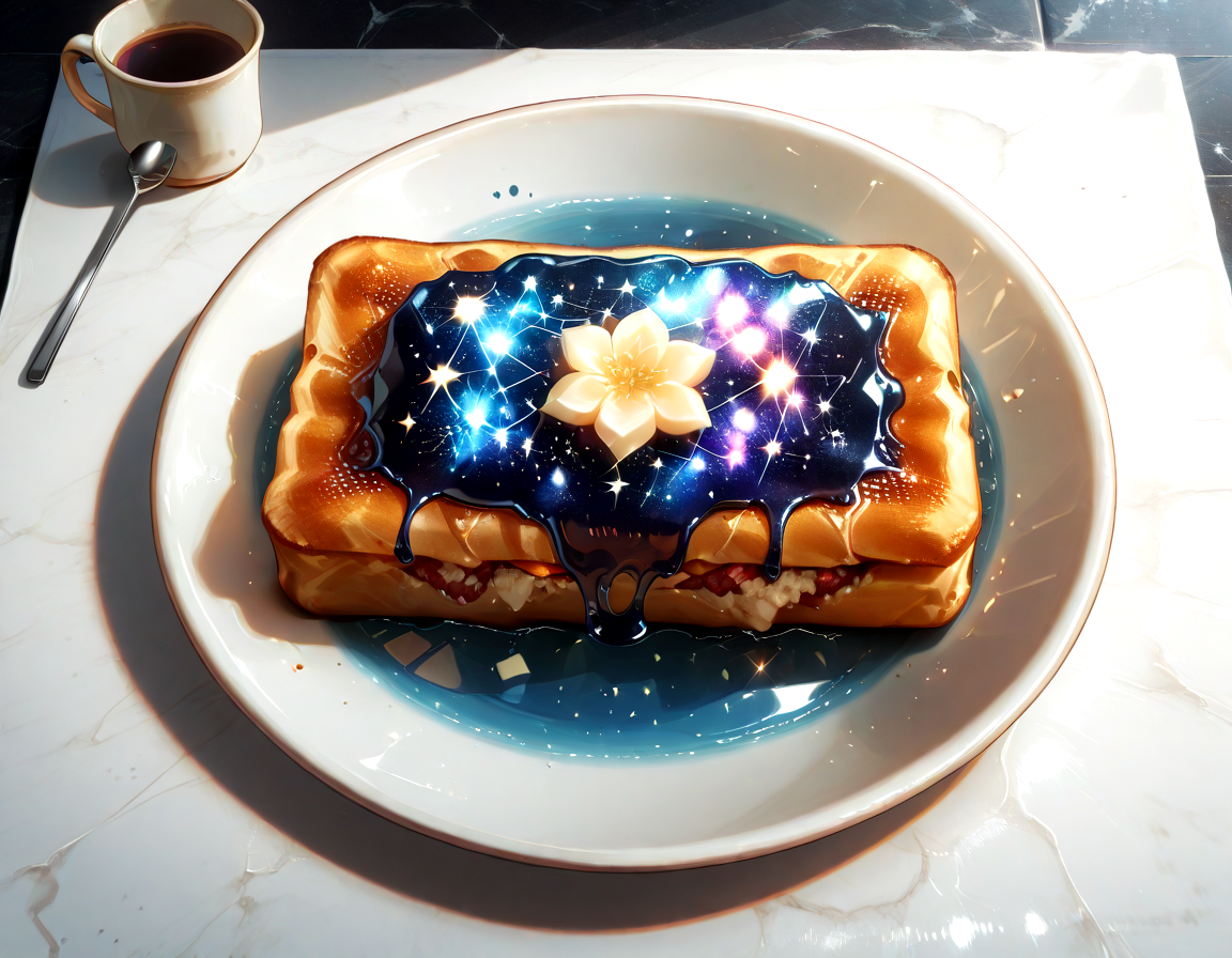 Food photography style , Stable_Yogis_PDXL_Positives, masterpiece, best quality, amazing quality, very aesthetic, absurdres, highres, high detail, by You Higuri, from above, Flash combined with a colored gel for a colored rim light (Colored Rim Light)., (no humans:1.3), sfw, usnr,
starry_morph, a dish of ( empanada ) flying in an isolated region of deep space, far from any celestial bodies, with a vast, dark expanse surrounding the ship, outdoors,
<lora:Starry_Morph_PonyXL:1.2> <lora:hand 5.5:1> <lora:Dynamic Poses:1> <lora:illustrious_noobai_epsilon_pred_11_very_aesthetic_v1:0.35> <lora:USNR STYLE_XL_lokr:0.25>, . Appetizing, professional, culinary, high-resolution, commercial, highly detailedâââ