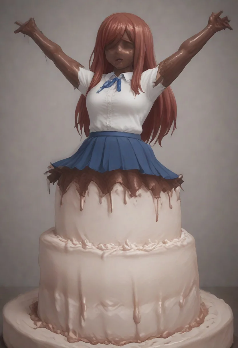 score_9, score_8_up, score_7_up, score_6_up, bokeh, realistic:0.7,   erza, fairy tail, long hair, red hair, brown eyes, white shirt, center frills, blue ribbon, blue skirt, pleated skirt, shoulder tattoo, birthday cake, jumping out of cake, icing, frosting, arms out, confetti, transformation, (cake feet:1.3), cake skin, cake arms, cake hands, transforming into a cake, immobile, slow transformation, oblivious, eating cake, chocolate_tf, chocolate girl, chocolate clothes, chocolate eyes, chocolate hair, chocolate skin, (no eyes:1.2), melting chocolate, <lora:chocolate_tf_v2:0.8>