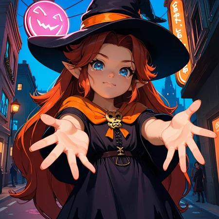 1girl,solo,cmalon,red hair,long hair,parted bangs,blue eyes,pointy ears,<lora:meh>,flat chest, witch costume, halloween costume, witch hat, 
outdoors,city, street, neon lights, 
standing,from below,outstretched hand,open hand,looking at viewer,wavy mouth,closed mouth,tearing up,<lora:StS_PonyXL_Detail_Slider_v1.4_iteration_3:1.2>,, score_9, score_8_up, score_7_up, perfect anatomy, source_anime, zPDXL2,