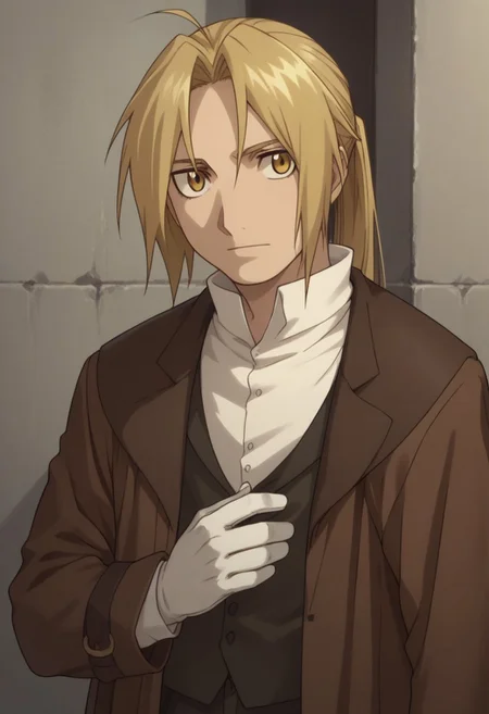 score_9, score_8_up, score_7_up, source_anime, highly detailed,
edwardelric, 1boy, solo, blonde hair, male focus, coat, yellow eyes, ponytail, pants, ahoge, shirt, gloves, white shirt, white gloves, brown coat, upper body, slender, skinny
outdoor,