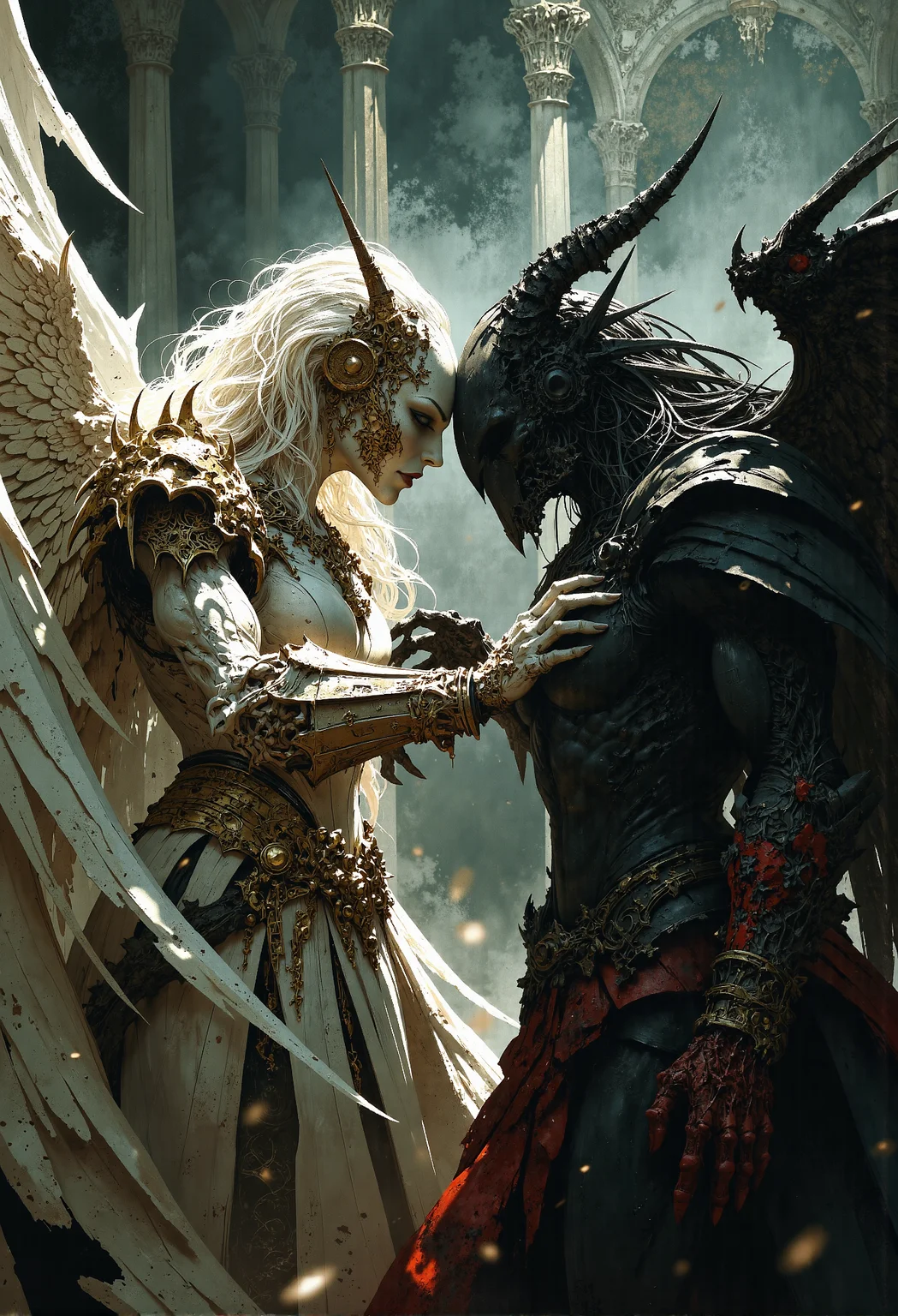 cinematic photo . art by Ben Templesmith and Krenz Cushart, close-up action scene, dynamic, epic battle between good and evil, surrounding each other, battle dance, white angle with wings and crystal sword versus black demon entity with bloody claws. <lora:- Flux1 - vanta_black_V1.0.safetensors:0.66>, <lora:FluxMythP0rtr4itStyle.safetensors:0.5>, <lora:Elden_Ring_-_Yoshitaka_Amano.safetensors:1.0>, <lora:Luminous_Shadowscape-000016.safetensors:0.1>, . 35mm photograph, film, bokeh, professional, 4k, highly detailed
