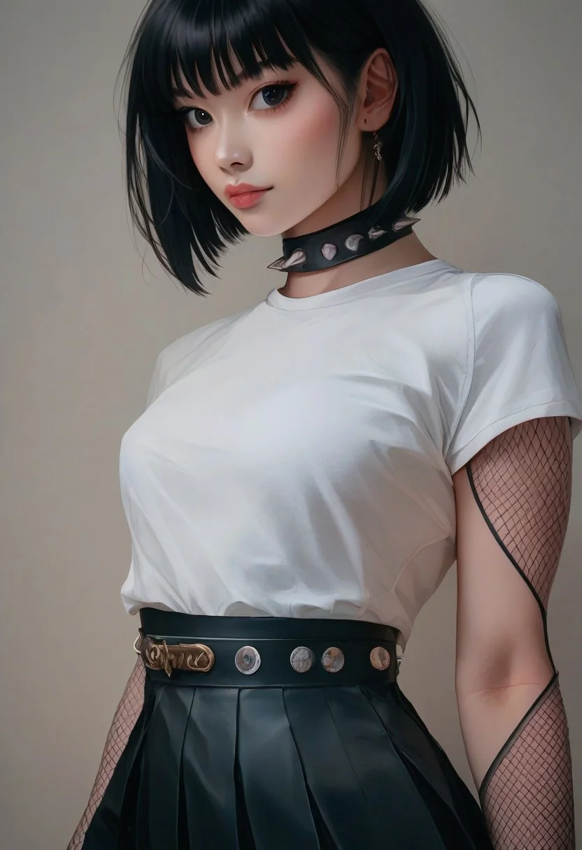 score_9, score_8_up, score_7_up, score_6_up,1girl, cowboy shot, white shirt, sleevelees, thick thights, asian, slim body, slutty black hair, bob cut, black eyes, realistic, pleated skirt, large belt, fishnet thighthighs, spiked bracellet, simple shoes, thight tatto, upper body, poker face,