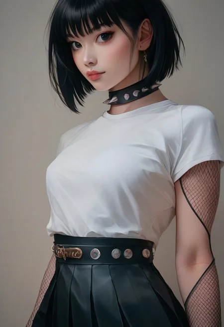 score_9, score_8_up, score_7_up, score_6_up,1girl, cowboy shot, white shirt, sleevelees, thick thights, asian, slim body, slutty black hair, bob cut, black eyes, realistic, pleated skirt, large belt, fishnet thighthighs, spiked bracellet, simple shoes, thight tatto, upper body, poker face,
