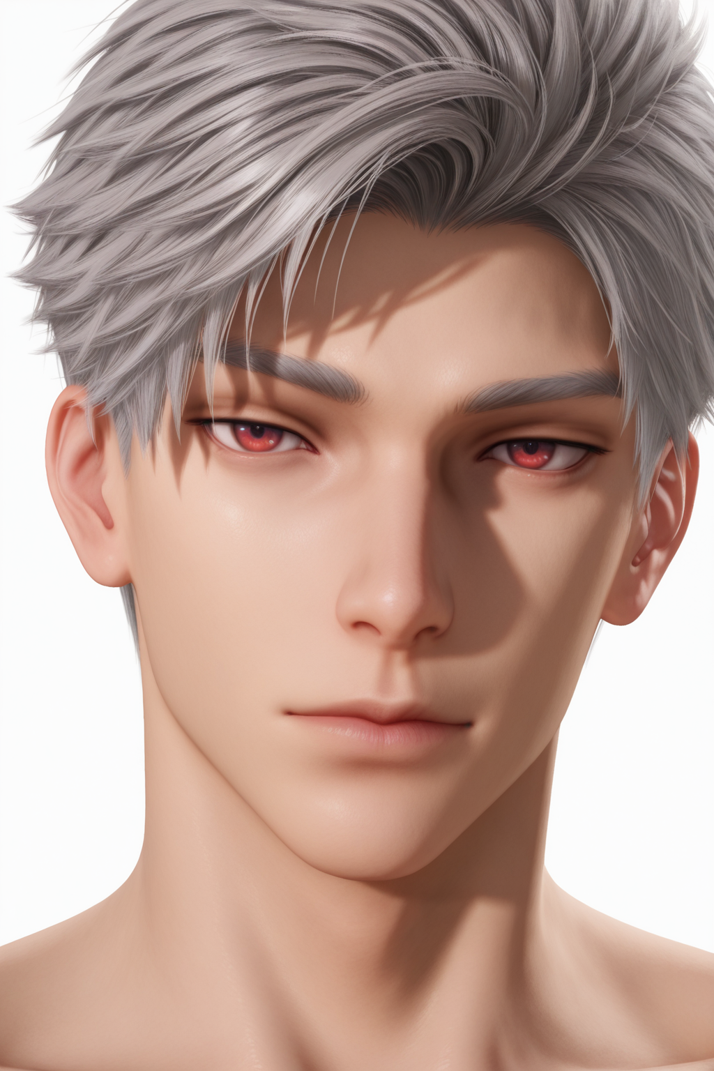 <lora:sylus-IL-000006:0.8>,sylus, portrait, grey hair, red eyes, 1boy, male focus, solo, looking at viewer, simple background, white background, closed mouth, short hair,yaoi,bara,male focus,very awa,masterpiece,best quality,amazing quality,nsfw,uncersored,highres,best quality,amazing quality,best aesthetic,absurdres,
