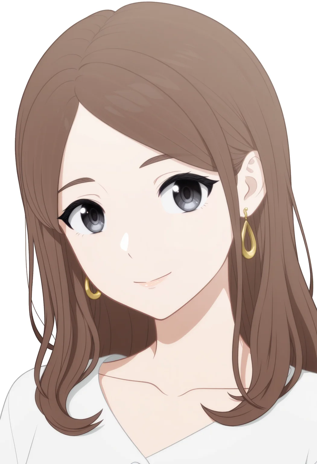 <lora:GBC_JQLY-000020:1>,
GBC_JQLY,1girl,solo,long hair,brown hair,grey eyes,jewelry,white shirt,parted bangs,looking_at_viewer,white_background,front view,standing,no hands,close-up,smile