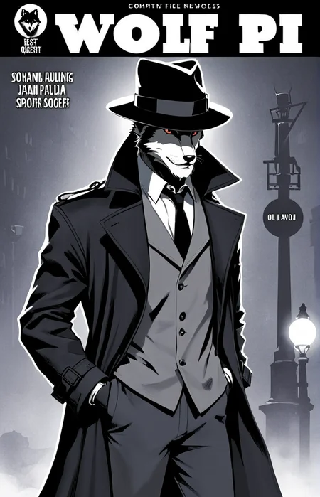 a comic book cover of a wolf wearing a fedora and trench coat, text " WOLF PI", outline, best quality, masterpiece, <lora:cbcmkrsdxl:1>, cbcmkrsdxl, comics logo , noir , mystery,