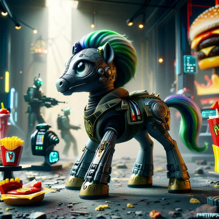 4k, everything is technology, extremely detailed wide view of amazing scene, ((futuristic dalek next to a fastfood pony)), ((advanced warfare)), ((high-tech combat)), ((military technology)), in ((futuristic highly detailed cyber)) with ((war-torn setting)), ((battlefield environment)), ((styled with neo-military aesthetic)), ((featuring tech warfare design)), ((military precision)), ((advanced technology)), ((futuristic warfare)), with ((futuristic quantum distortions effects)), ((combat dynamic atmosphere)), ((battlefield ambiance)), ((war-torn environment)), (HD, masterpiece, best quality, hyper detailed, ultra detailed, super realistic),amazing, combinestyle, Pony_MLP_v1.8SDXL, ral-ltlpowny, add-detail-xl<lora:sdxl\morph\CombineStyle-HalfLife2-SDXL.safetensors:1.02:1.02> <lora:sdxl\character\Pony_MLP_v1.8SDXL.safetensors:1.0:1.0> <lora:sdxl\character\ral-ltlpowny-sdxl.safetensors:1.07:1.07> <lora:sdxl\enhancment\add-detail-xl.safetensors:0.6:0.6>