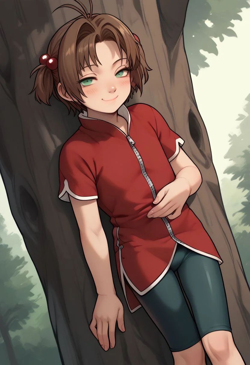 score_9,score_8_up,score_7_up,score_6_up, 1girl, kinomoto sakura, antenna hair, brown hair, short hair, twintails, green eyes, hair bobbles, cosplay, red shirt, red qipao, zipper, short sleeves, bike shorts, toeless footwear, blush, flat chest, female child, looking at viewer, half-closed eyes, smile, shiny skin, deep skin, solo, against tree, , dutch angle, indoors, (forest background), best quality, amazing quality, very aesthetic, absurdres