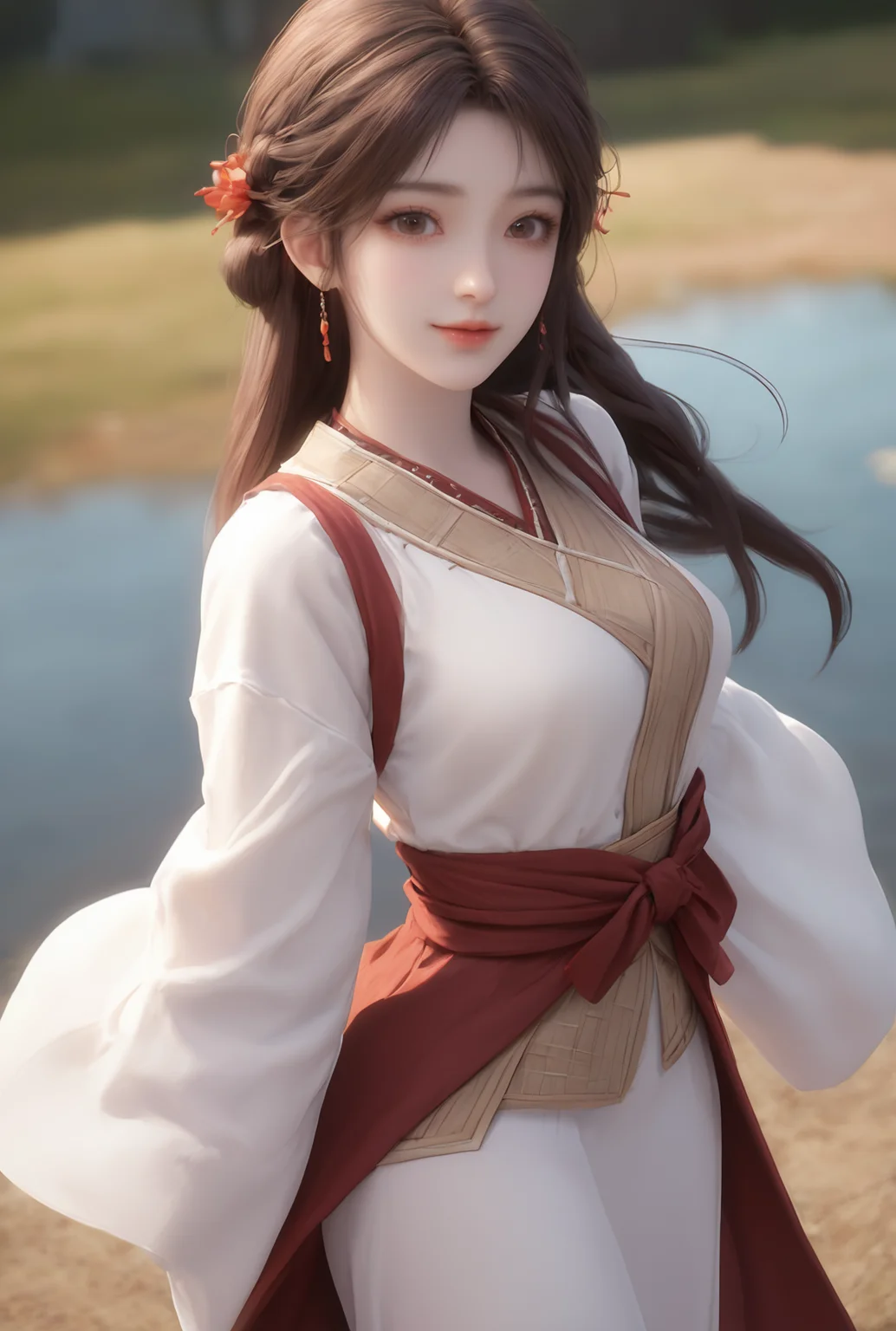 1girl,solo,brown hair,hair ornament,braid,long hair,wide sleeves,looking at viewer,brown eyes,jewelry,hair flower,long sleeves,sash,dress,mischevious smile,perfect body,scenery,sharp focus,best quality,masterpiece,detailed outfit,illustration,perfect eyes,finely detailed beautiful anime eyes,realistic skin,intricate details,best lighting,depth of field,ultra high resolution,cowboy_shot,dynamic pose,dynamic angle,<lora:huolinger_V1-000001:1>,