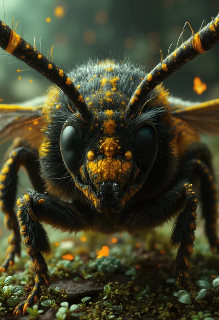 high quality, ultra detailed, colorful, fantasy., bo-bioluminescent, bo-abyss, a highly detailed, realistic cgi (computer-generated imagery) rendering of a close-up of an antennae, the antennae is predominantly black with a bright yellow patch on the center, featuring small, yellow dots that resemble a bee's head, the body is segmented, with a glossy texture that reflects light, giving it a realistic and lifelike appearance, its antennae are a dark brown, with darker brown stripes running along its length, its eyes are large and black, and its mouth is open, revealing a small, erect penis, the background is blurred, with green and brown tones, suggesting a blurred, natural setting, the ground is covered in moss and small, green plants, adding a natural, organic feel to the scene, the overall style of the artwork is highly detailed and realistic, capturing the textures and details of the insect's body and the environment<lora:Flux\FluxDFaeTasticDetails.safetensors:0.4:0.4> <lora:Flux\boFLUX Bioluminescent Dreams v1.safetensors:0.7000000000000001:0.7000000000000001> <lora:Flux\boFLUX digital-abyss.safetensors:0.9:0.9>